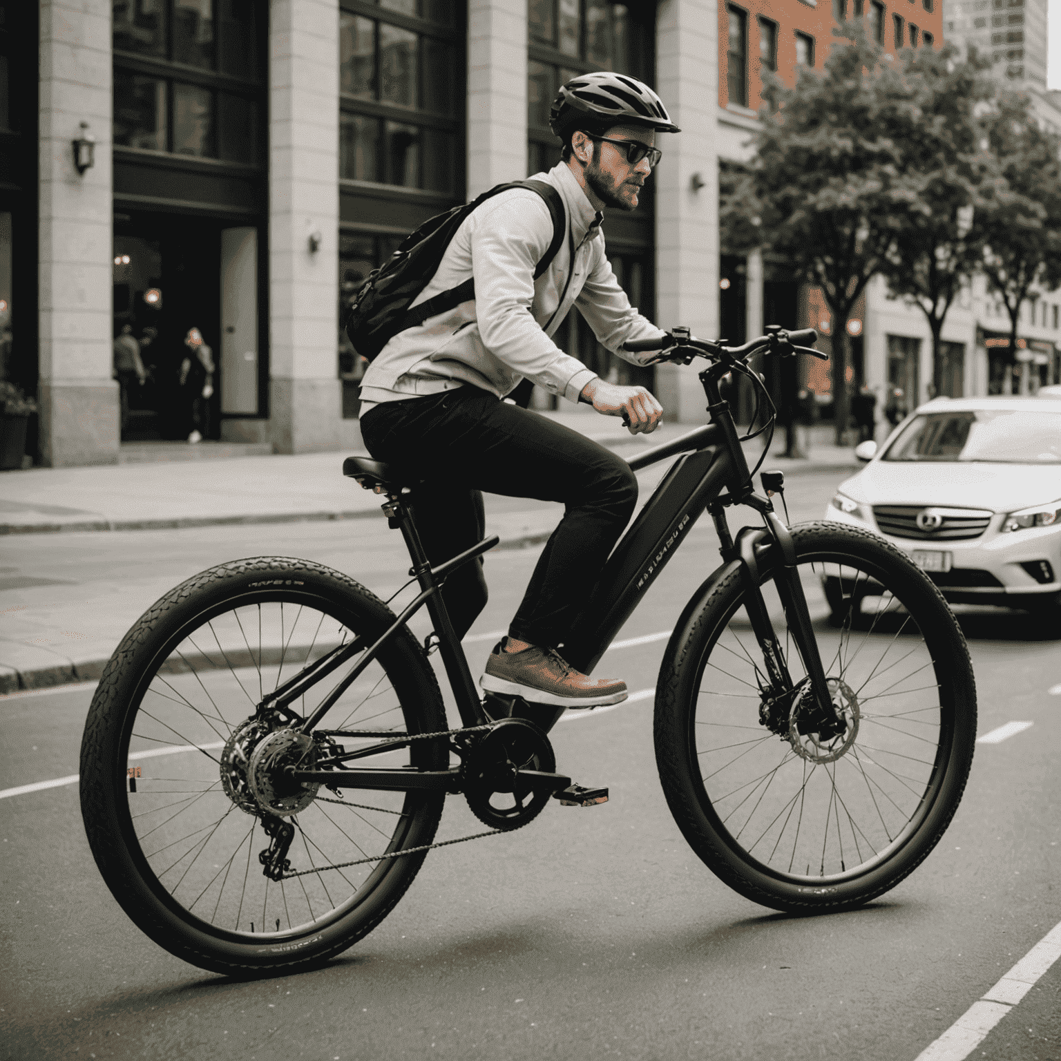 UrbanGlide X1 elektrische fiets met slanke zwarte frame, geïntegreerde verlichting en een comfortabel zadel, geparkeerd tegen een moderne stedelijke achtergrond