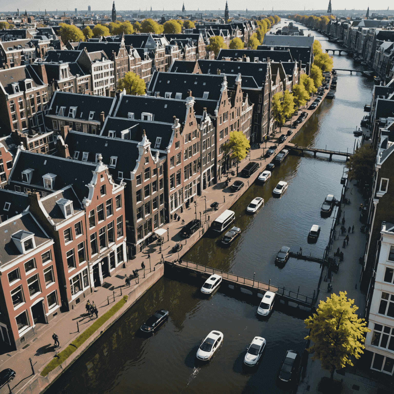 Luchtfoto van Amsterdam met elektrische voertuigen op de voorgrond en traditionele grachten op de achtergrond, wat de integratie van moderne technologie in het historische stadslandschap illustreert