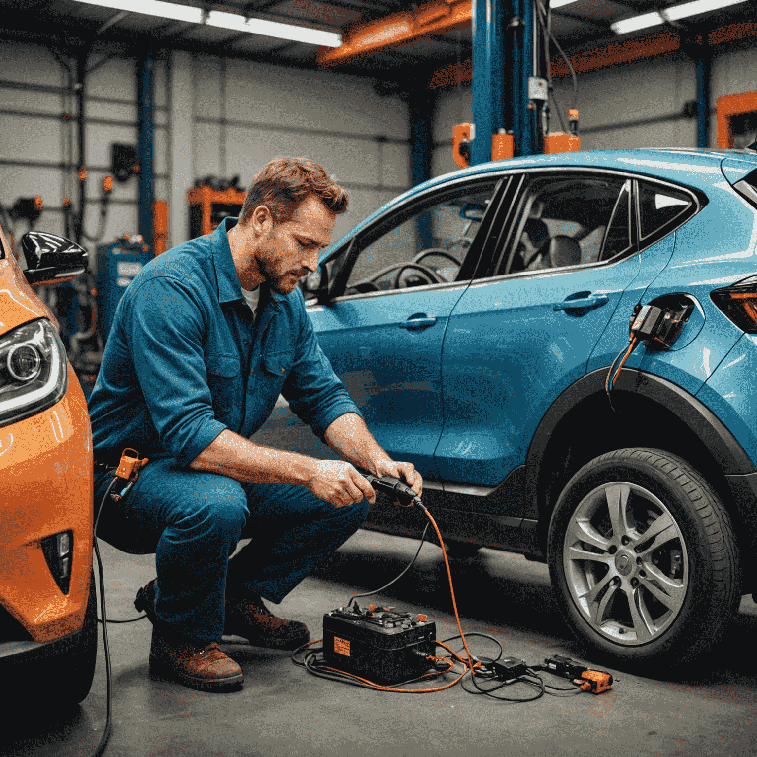 Een monteur die een elektrische auto onderhoudt, met focus op de motor en batterij