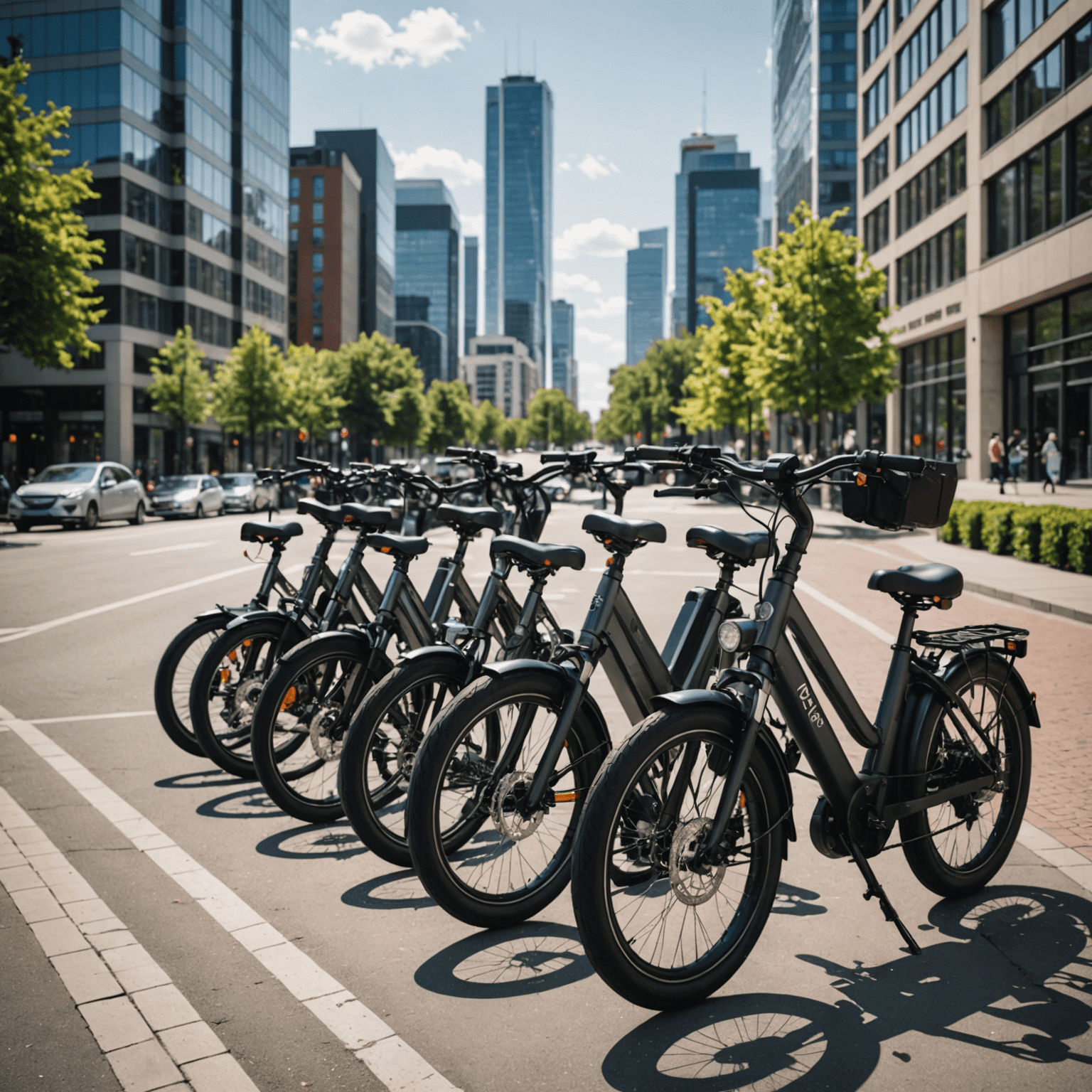 Vijf elektrische fietsen geparkeerd op een drukke stadsstraat, met moderne gebouwen op de achtergrond