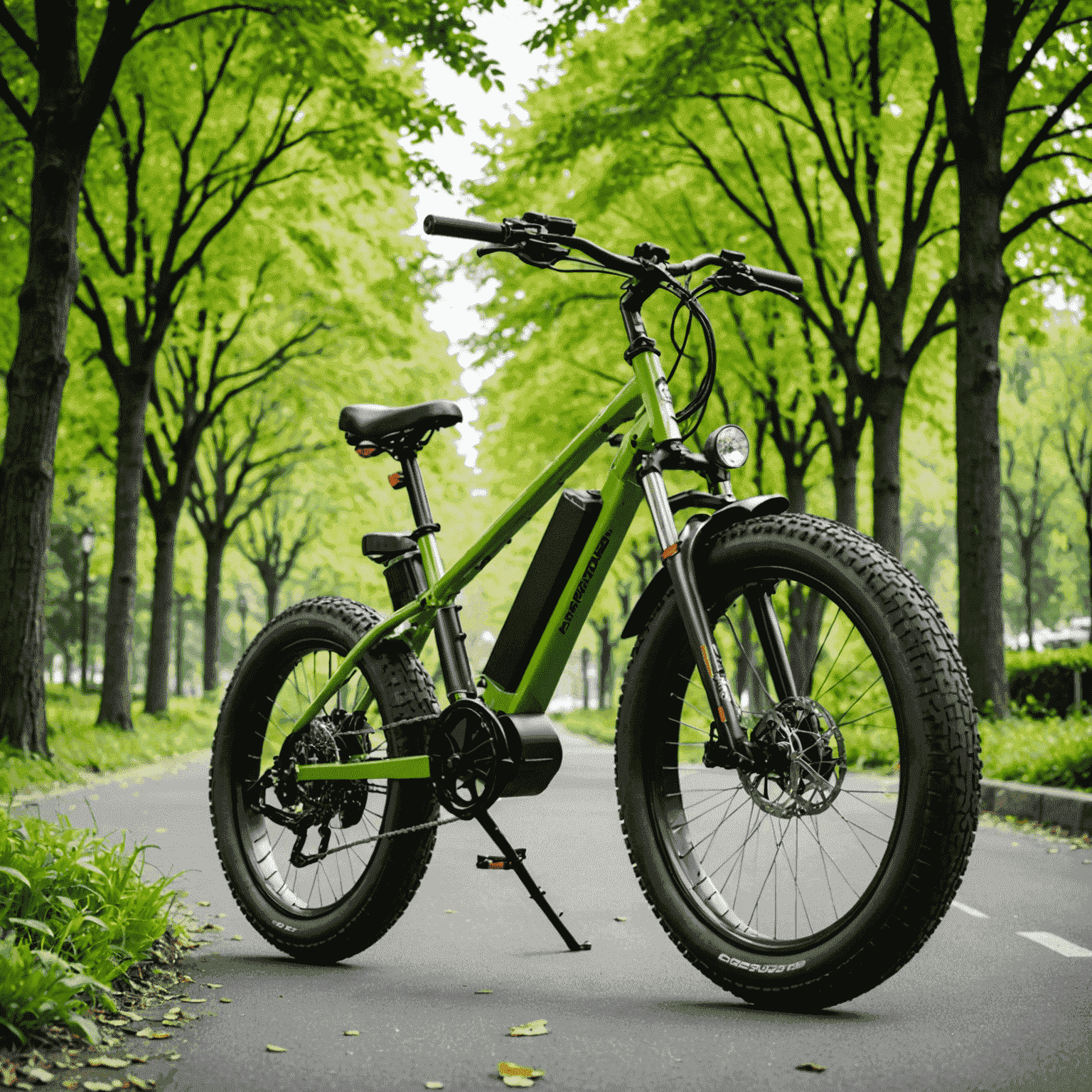 EcoRider Pro elektrische fiets met opvallend groen frame, brede banden voor stabiliteit en een groot digitaal display, staand op een fietspad omringd door bomen