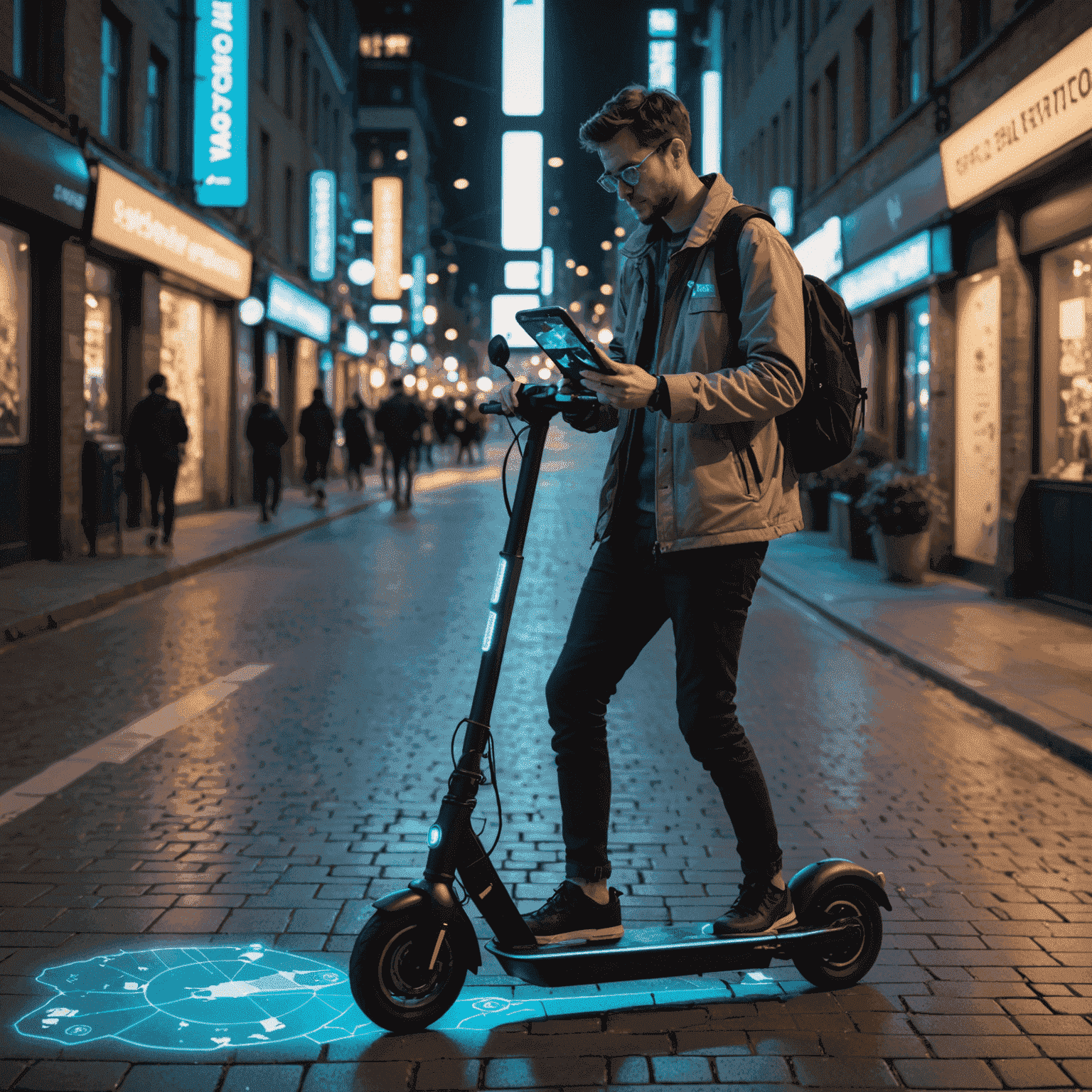 Een persoon die een smartphone gebruikt om een e-scooter te bedienen, met holografische projecties van kaarten en batterijstatus rondom de scooter