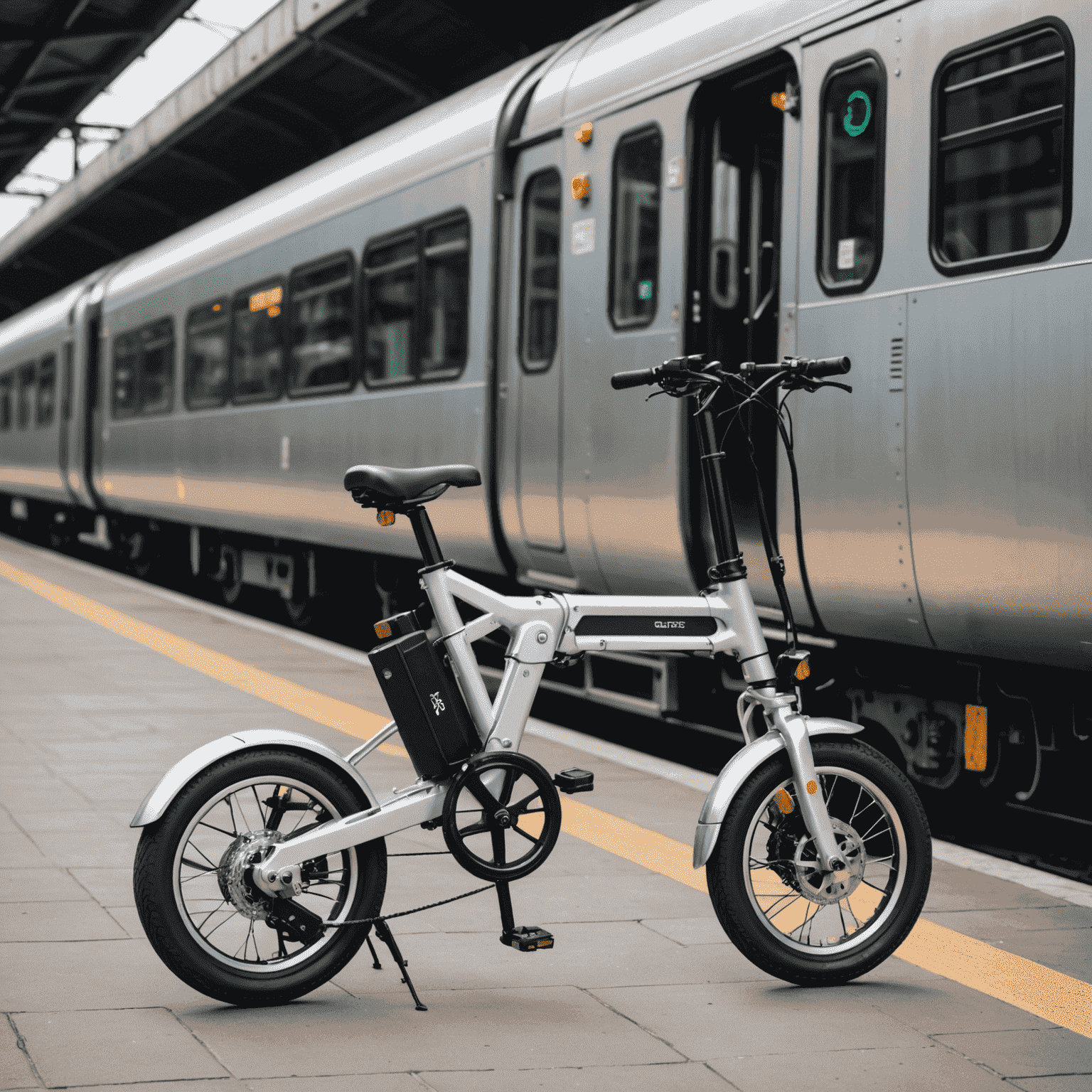 VeloCity Fold opvouwbare elektrische fiets in compacte gevouwen toestand, met zilverkleurig frame en kleine wielen, naast een trein op een perron